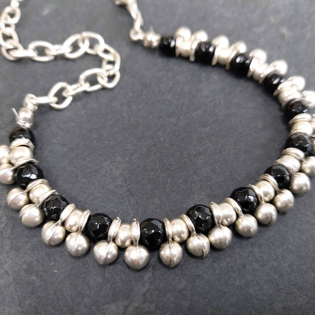 Black bead and silver charm anklet, boho beach foot jewellery