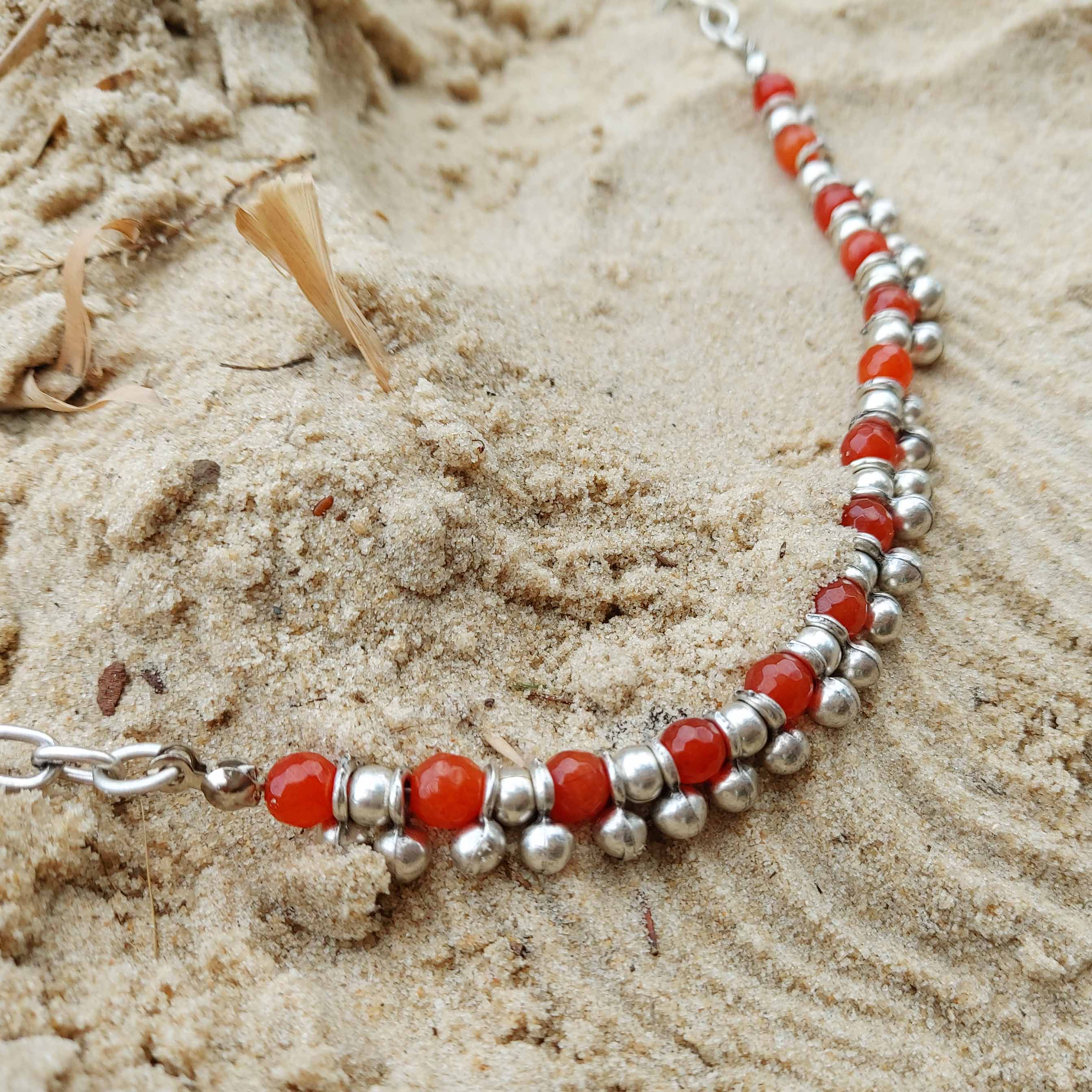 Red bead and silver charm anklet, boho beach foot jewellery
