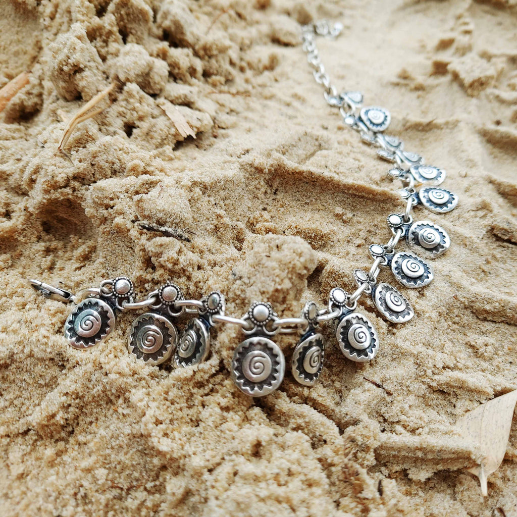 Silver spiral charm anklet, boho beach foot jewellery