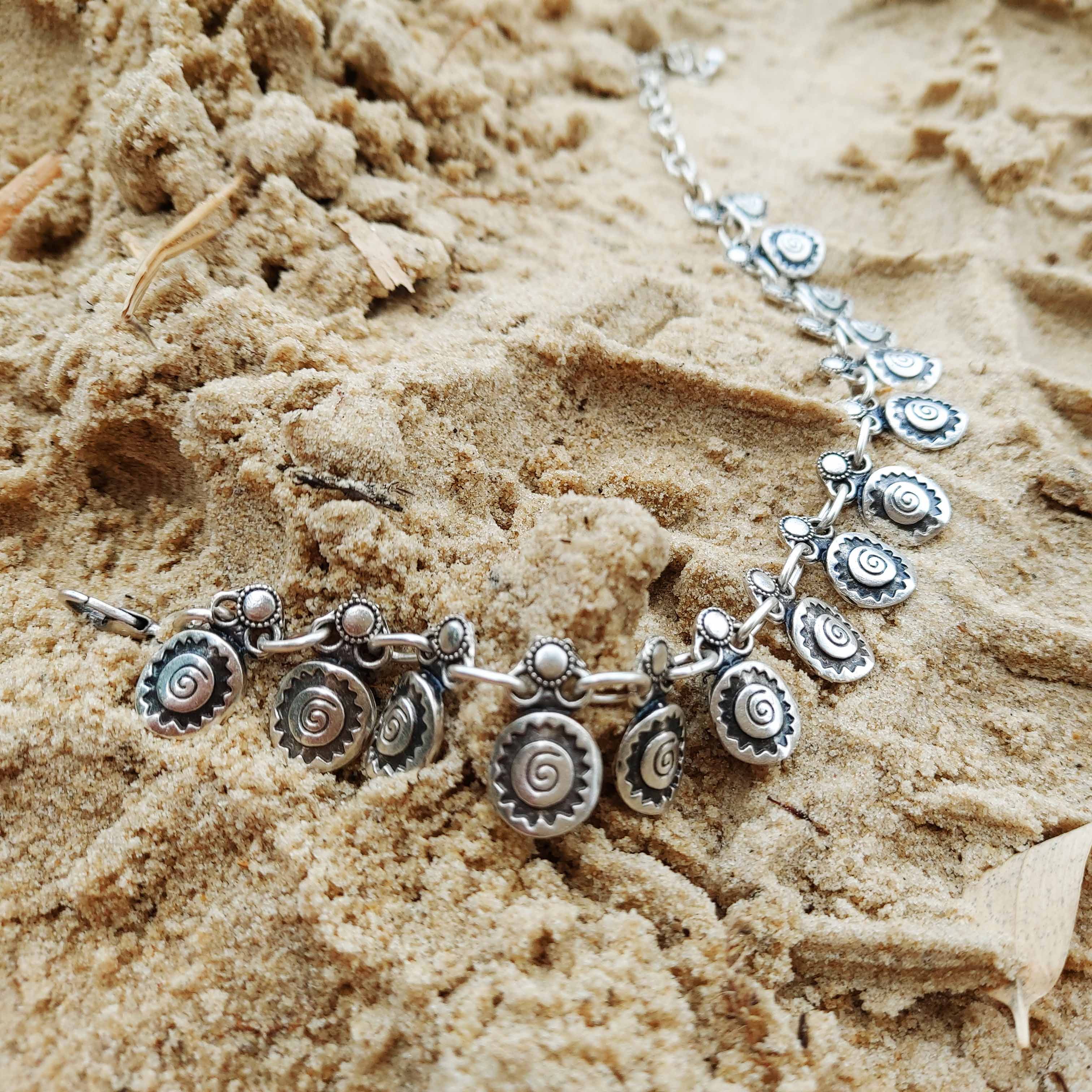Silver spiral charm anklet, boho beach foot jewellery