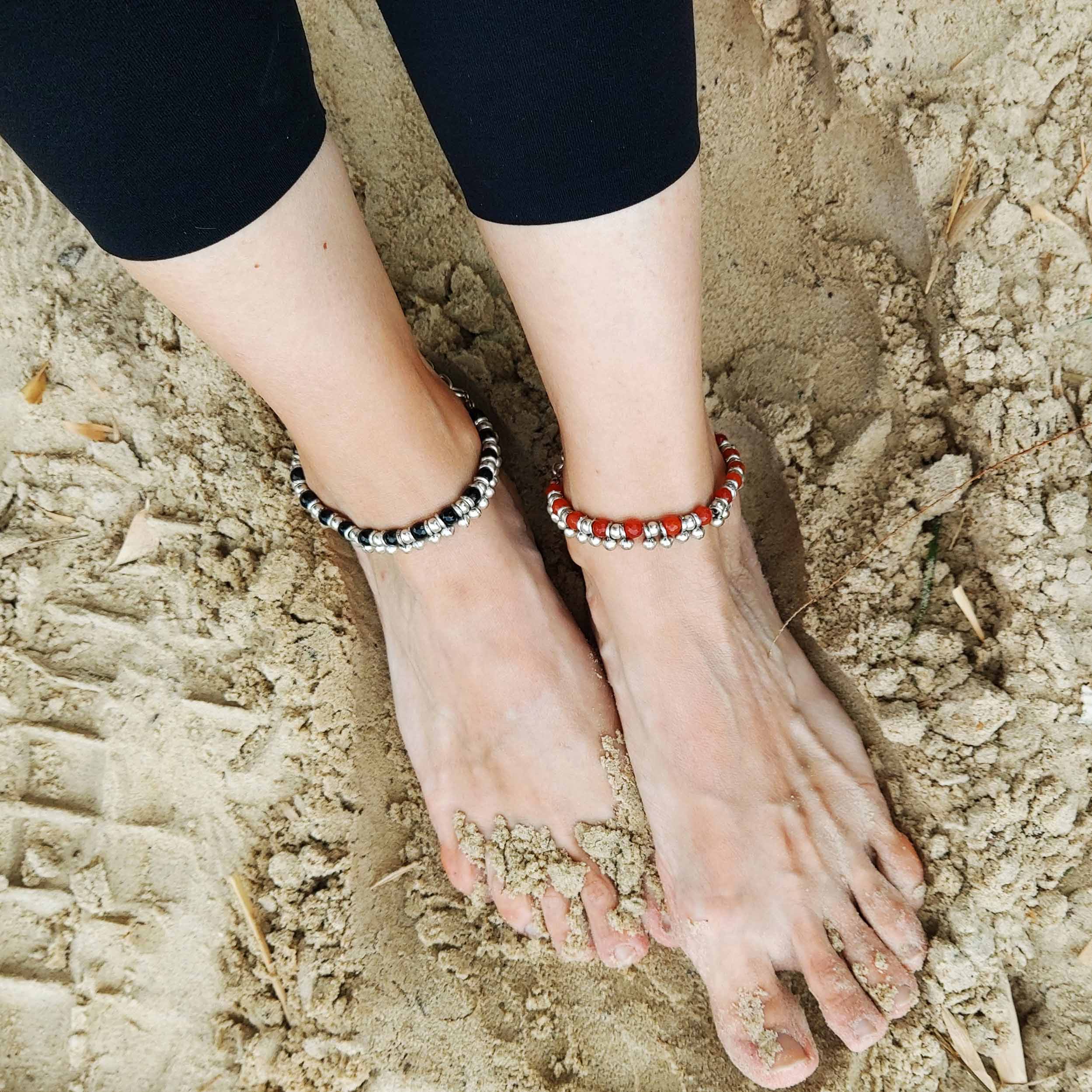 Red bead and silver charm anklet, boho beach foot jewellery