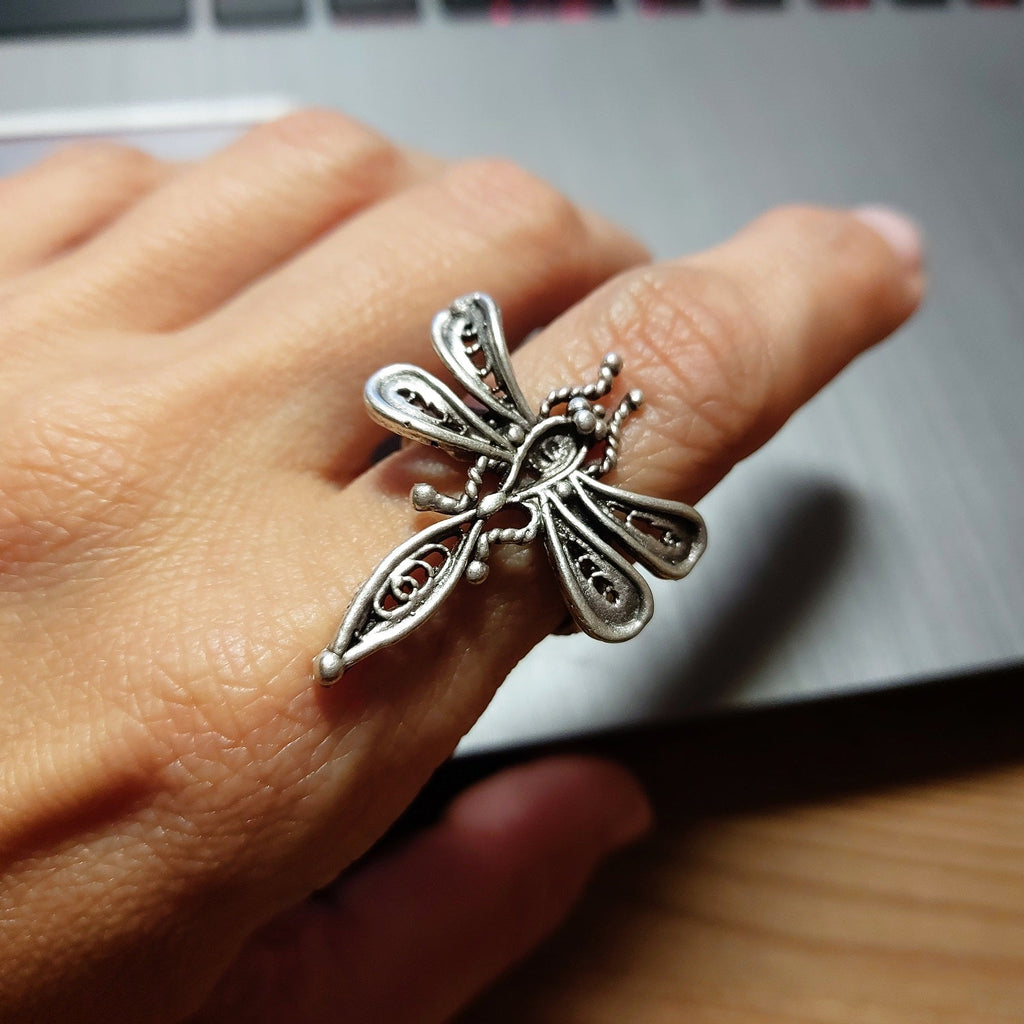 Dragonfly ring, large filigree adjustable boho nature statement ring