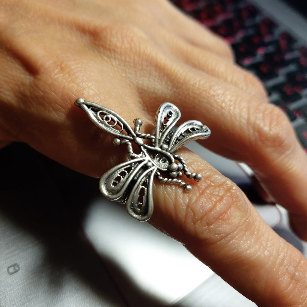 Dragonfly ring, large filigree adjustable boho nature statement ring