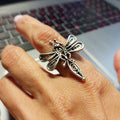 Dragonfly ring, large filigree adjustable boho nature statement ring