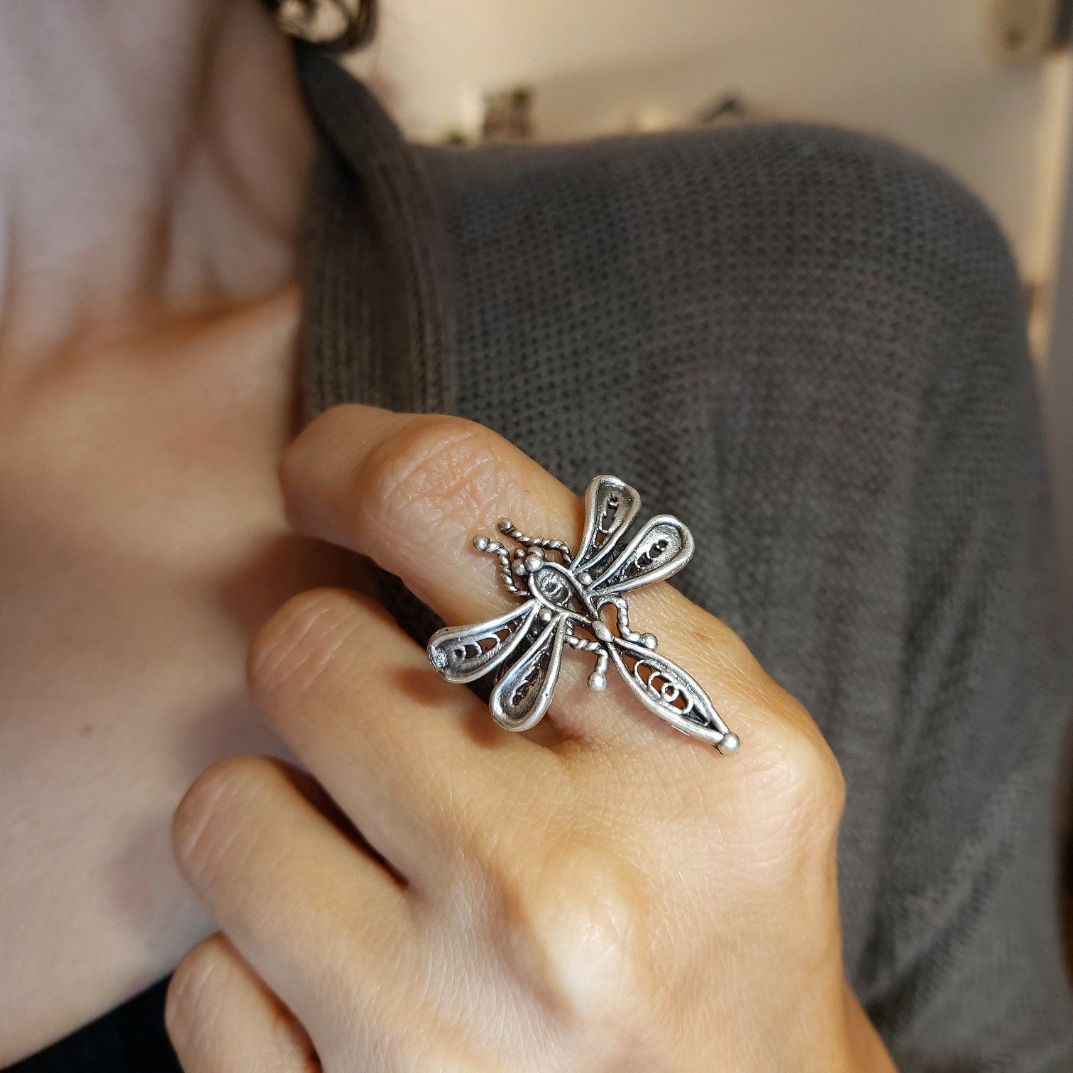 Dragonfly ring, large filigree adjustable boho nature statement ring