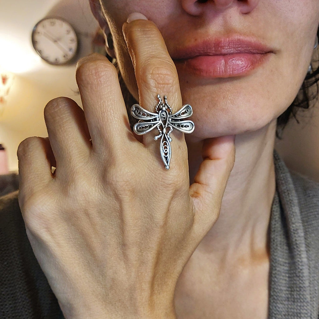 Dragonfly ring, large filigree adjustable boho nature statement ring