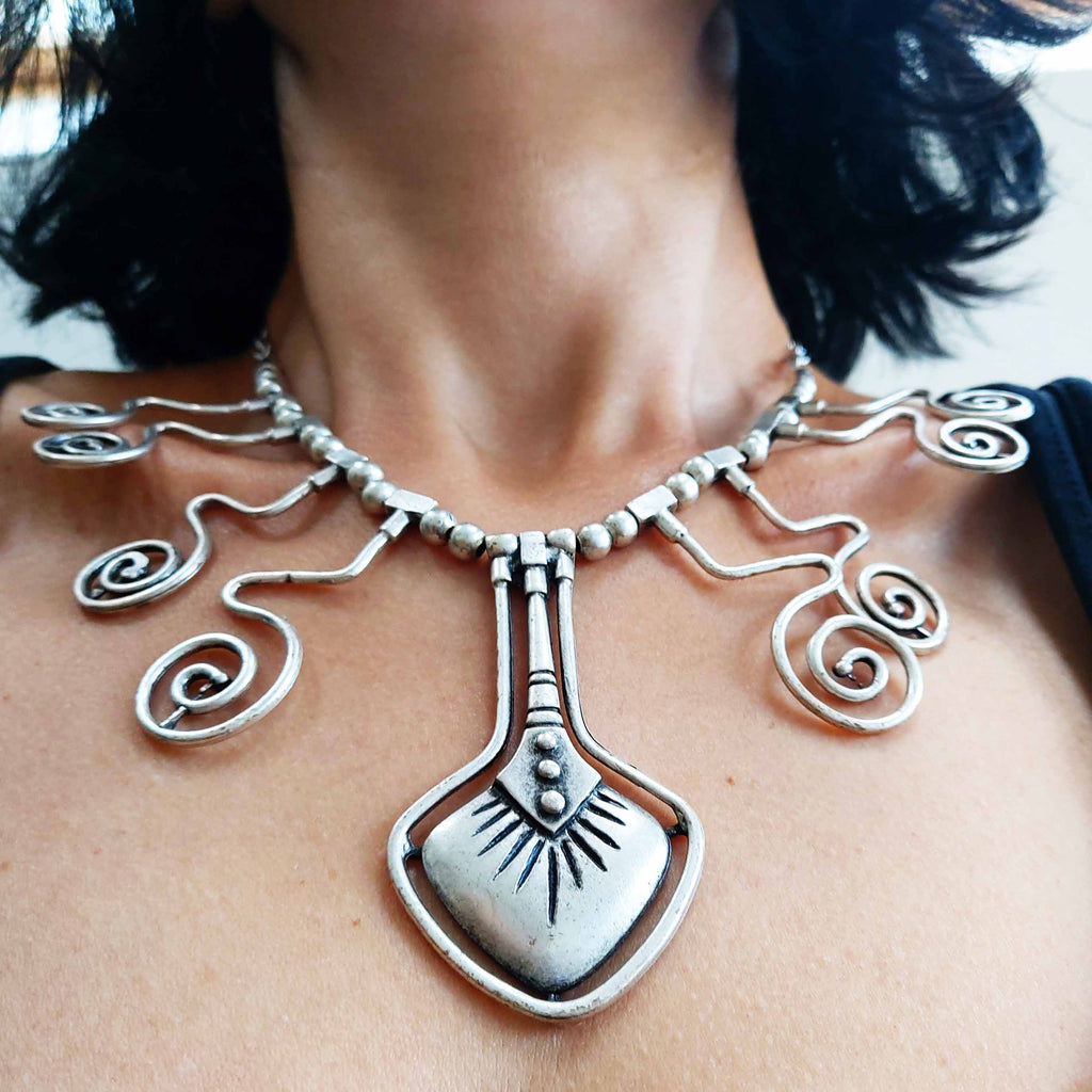Silver tuareg african tribal necklace, spiral bib statement jewellery
