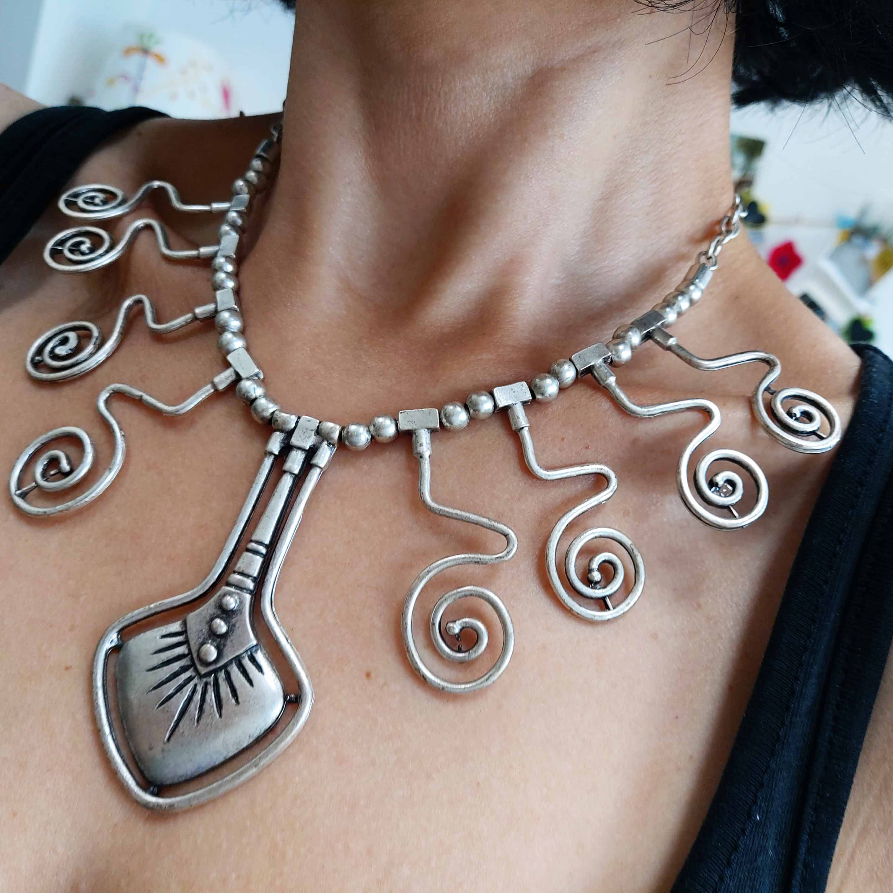 Silver tuareg african tribal necklace, spiral bib statement jewellery