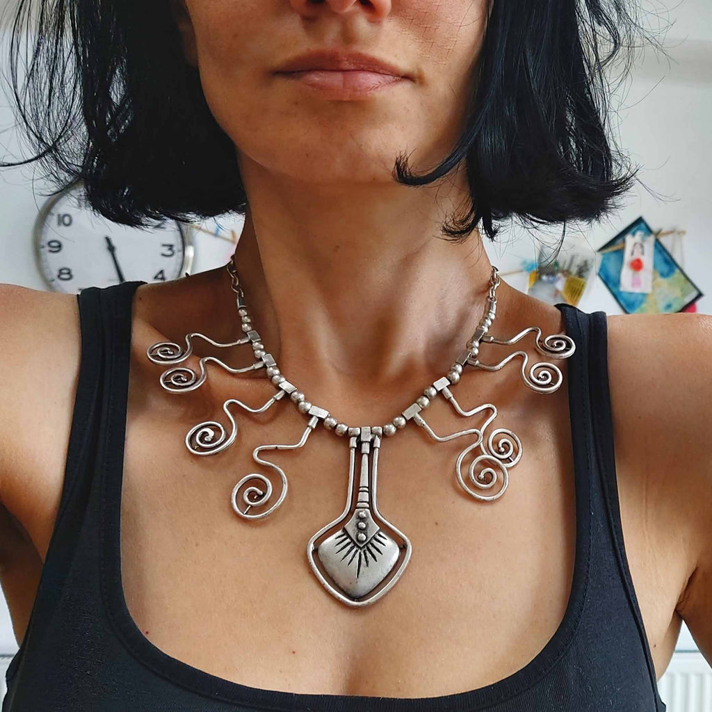 Silver tuareg african tribal necklace, spiral bib statement jewellery