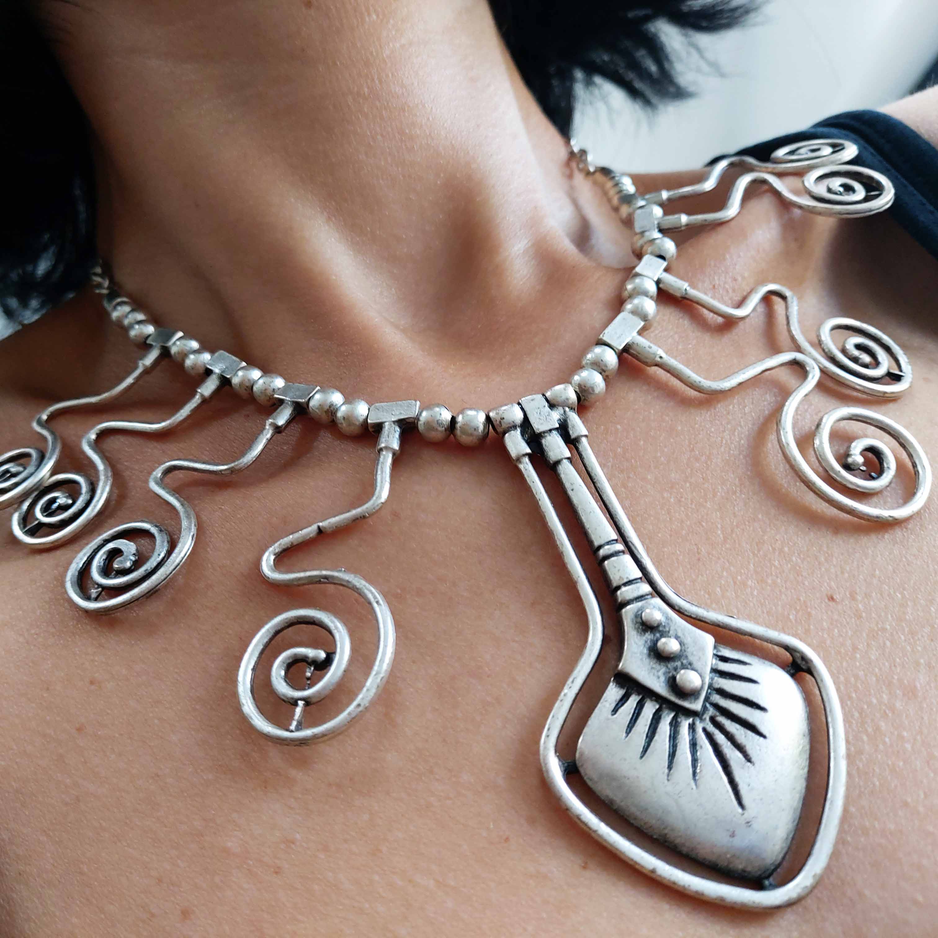 Silver tuareg african tribal necklace, spiral bib statement jewellery