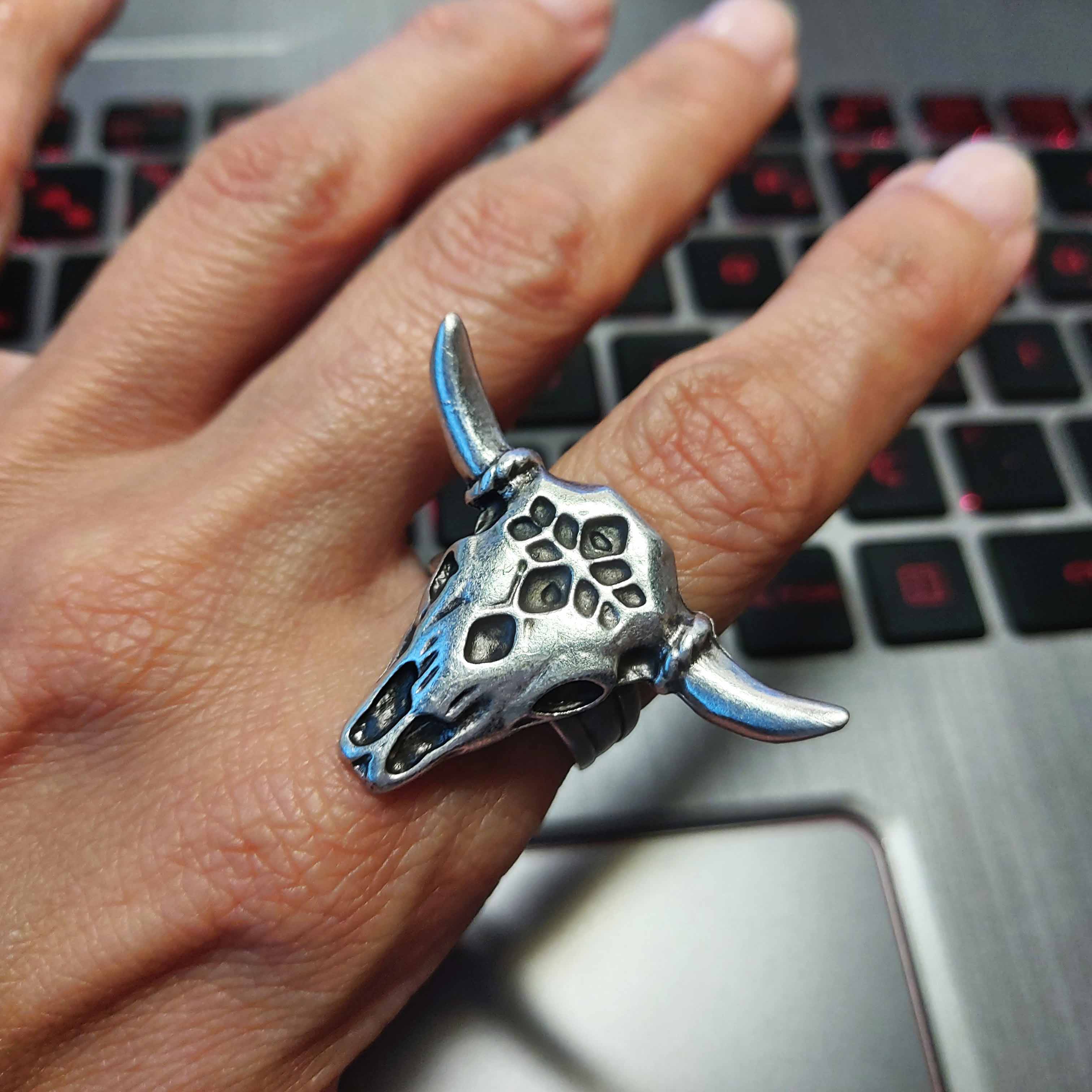 Bull skull ring with horns, silver animal adjustable brutalist statement ring