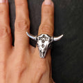 Bull skull ring with horns, silver animal adjustable brutalist statement ring