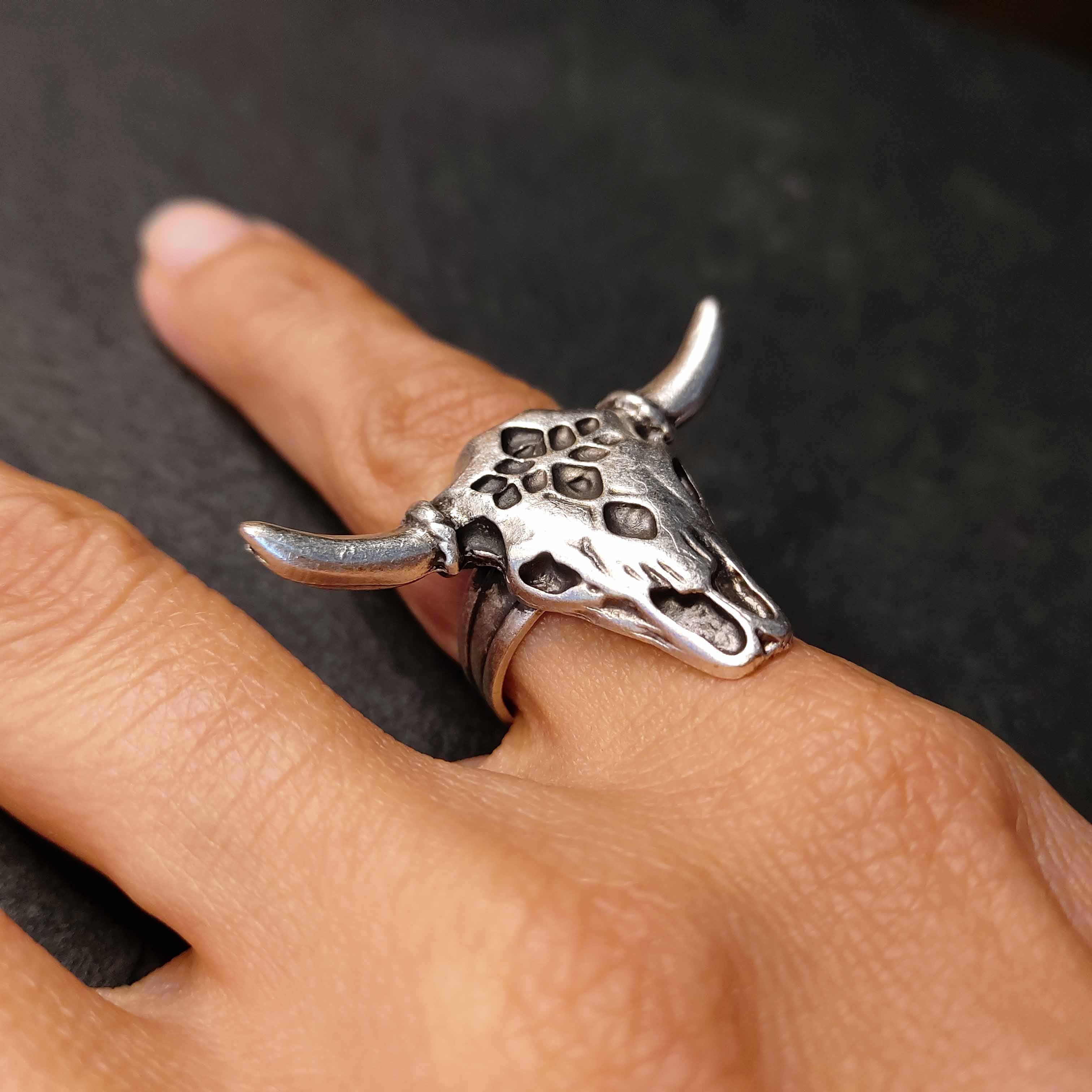 Bull skull ring with horns, silver animal adjustable brutalist statement ring
