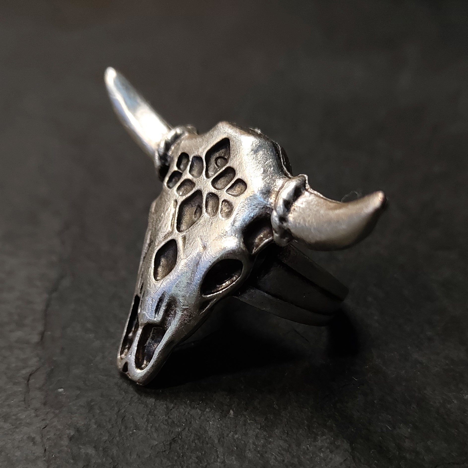 Bull skull ring with horns, silver animal adjustable brutalist statement ring