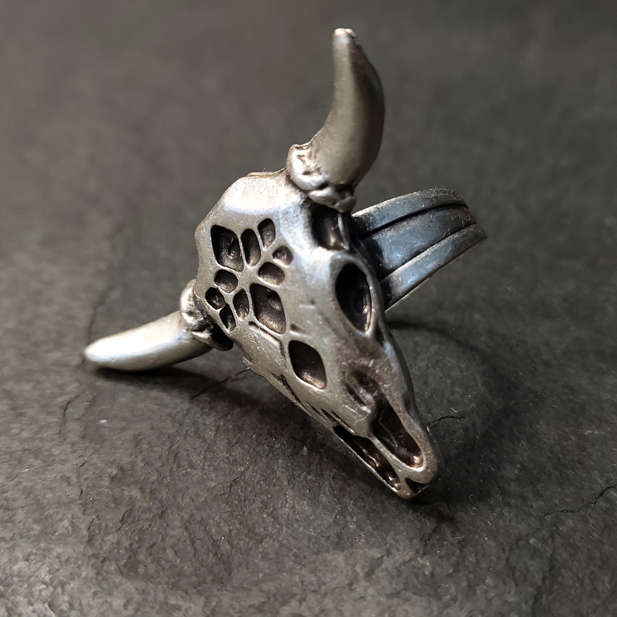 Bull skull ring with horns, silver animal adjustable brutalist statement ring