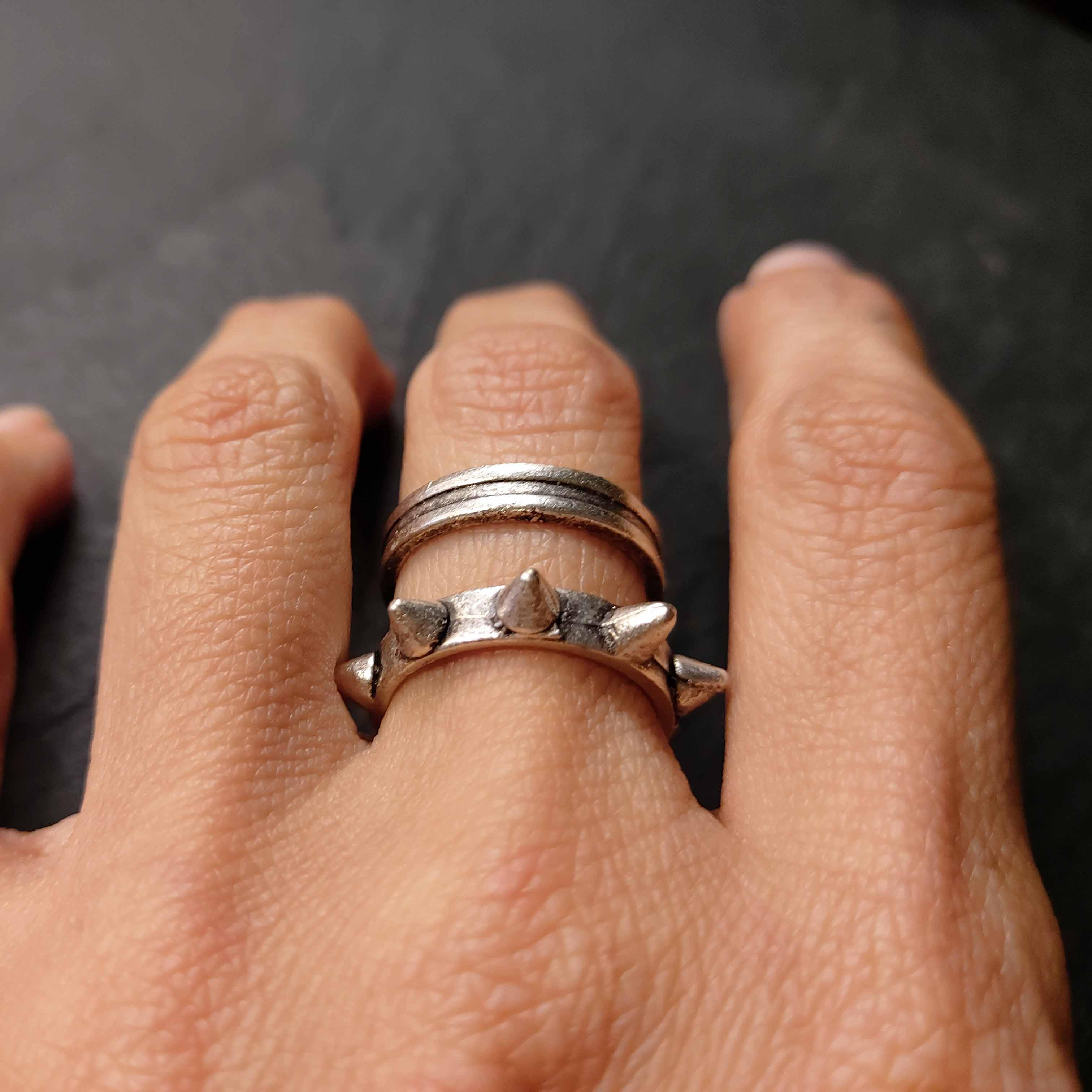 Silver ridged wide band ring, medieval warrior brutalist statement ring