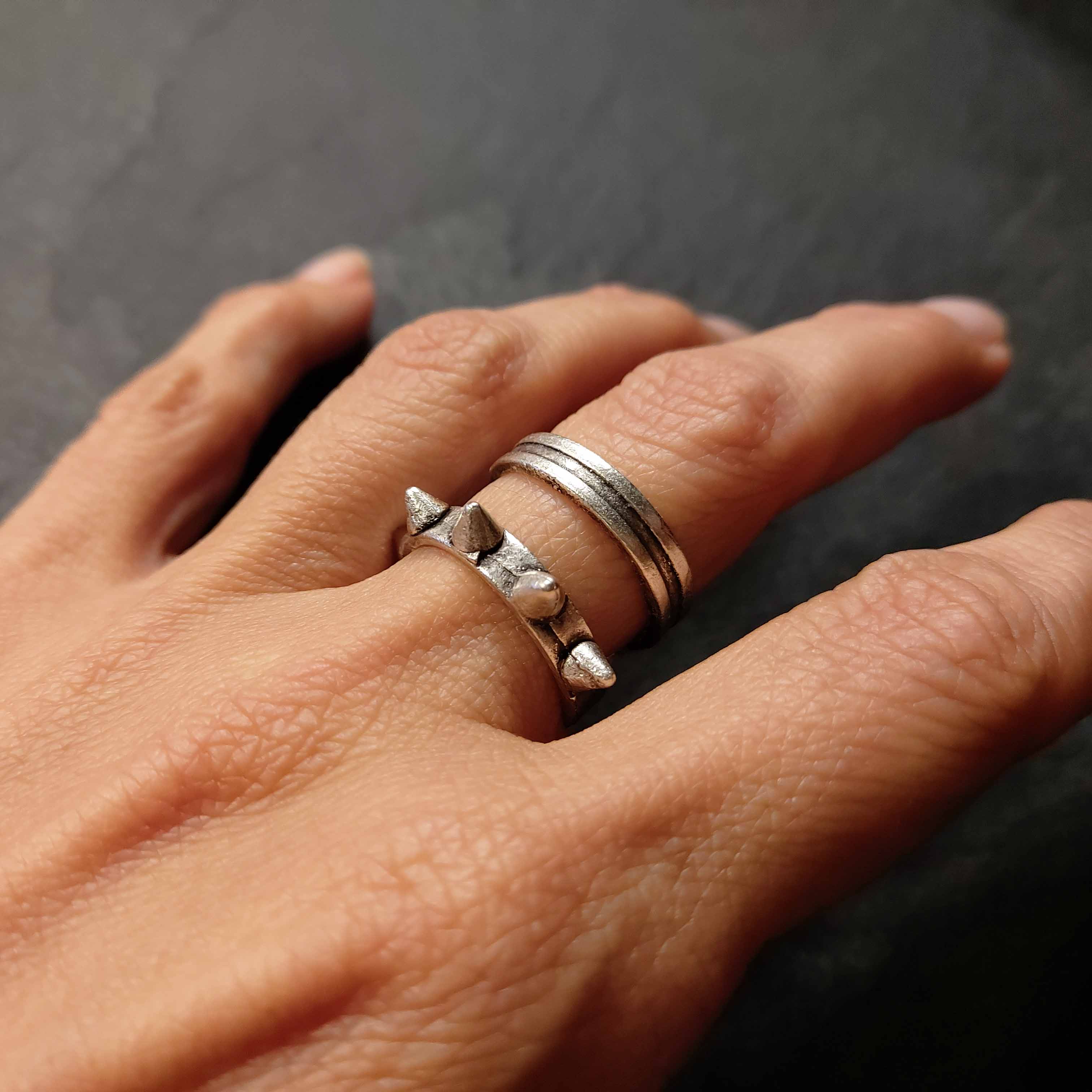 Silver ridged wide band ring, medieval warrior brutalist statement ring
