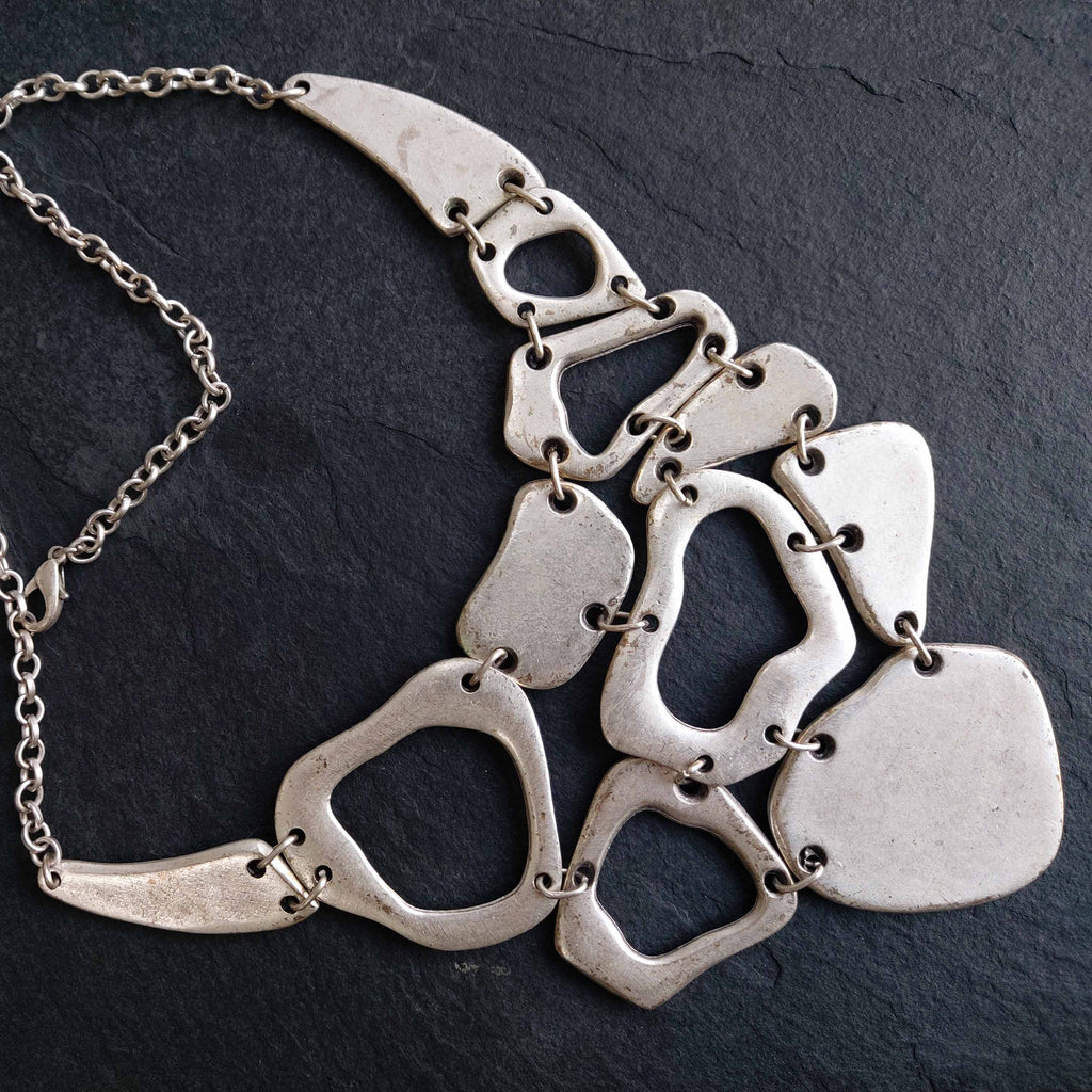 Silver brutalist mosaic bib necklace, organic geometric statement jewellery