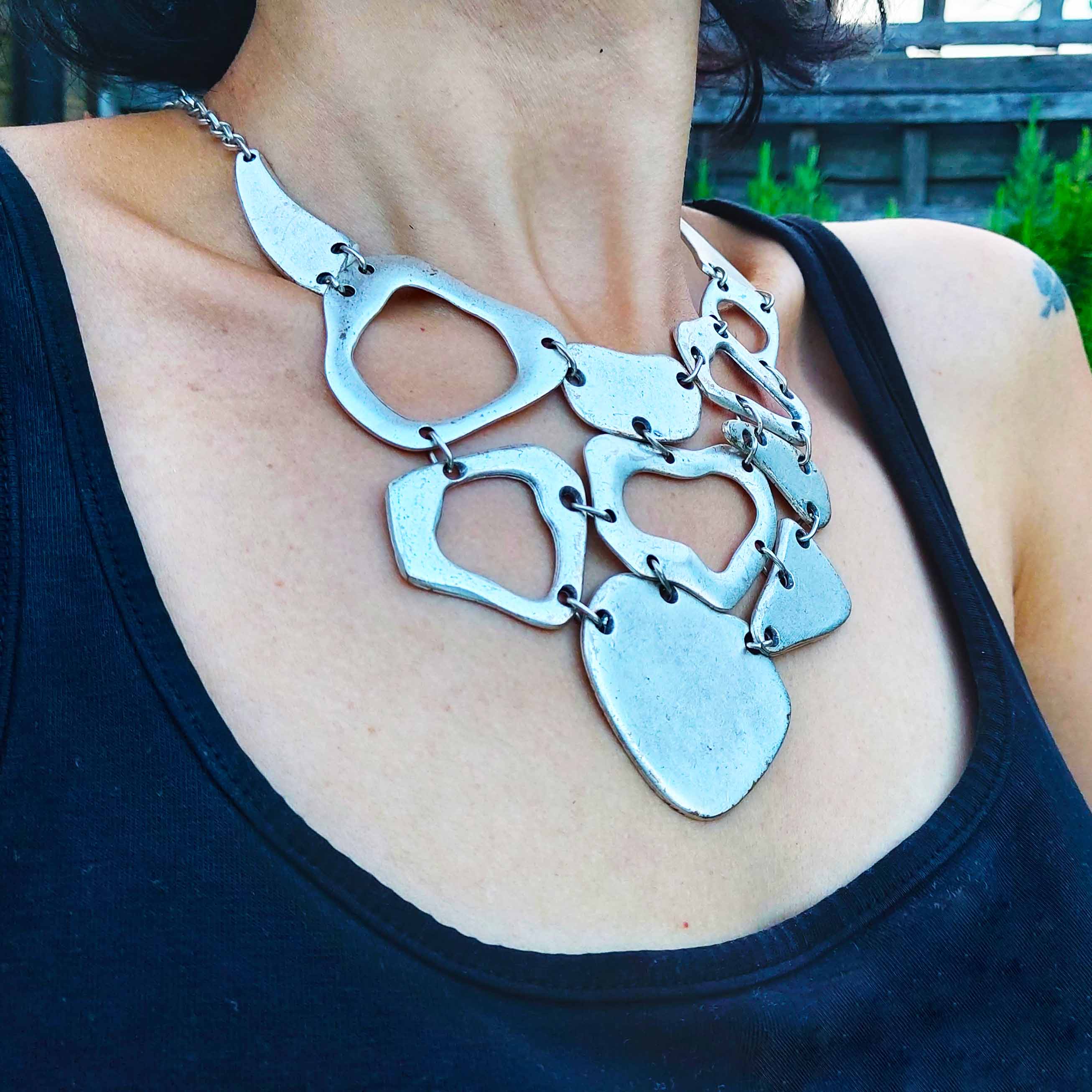 Silver brutalist mosaic bib necklace, organic geometric statement jewellery