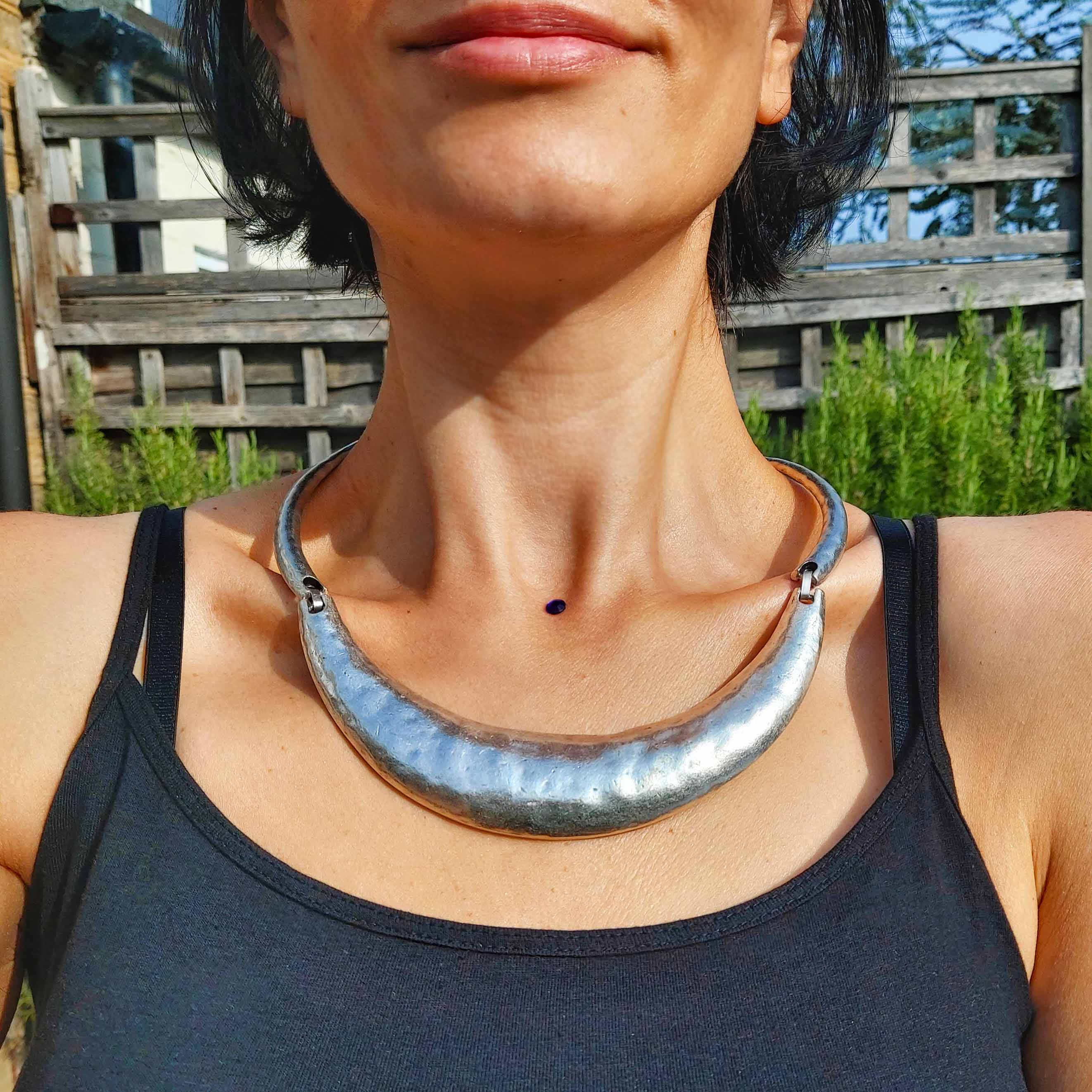 Silver torque necklace, chunky crescent collar brutalist choker