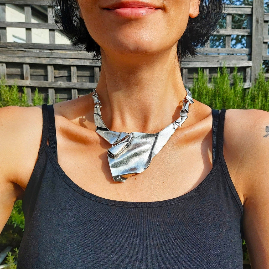 Brutalist folded necklace, sculptural pendant avant garde wearable art