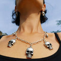 Silver skull charm necklace, gothic chunky multi skull statement jewellery