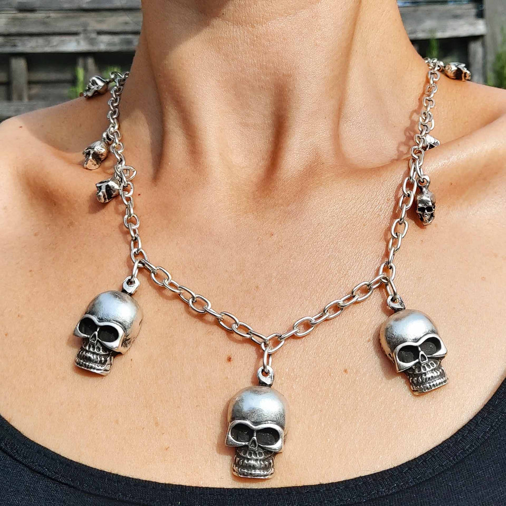 Silver skull charm necklace, gothic chunky multi skull statement jewellery