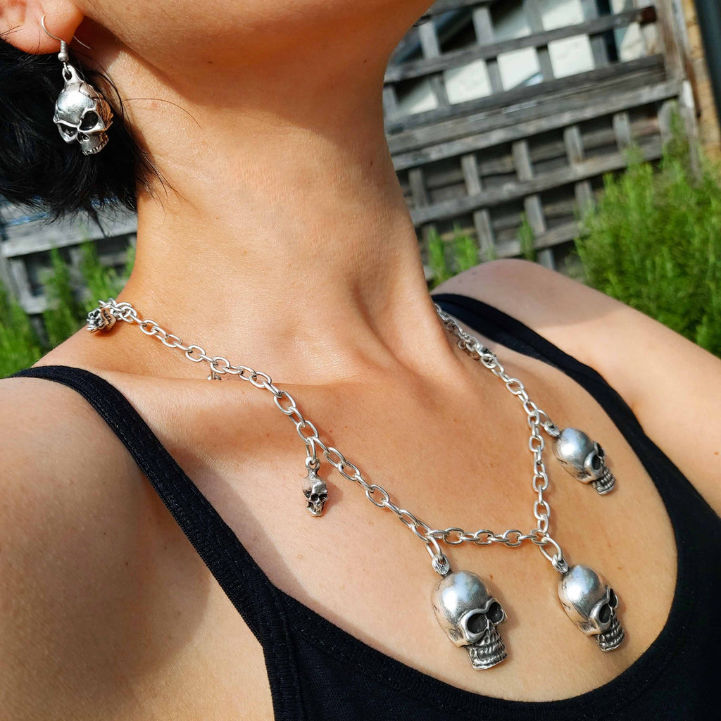 Silver skull charm necklace, gothic chunky multi skull statement jewellery
