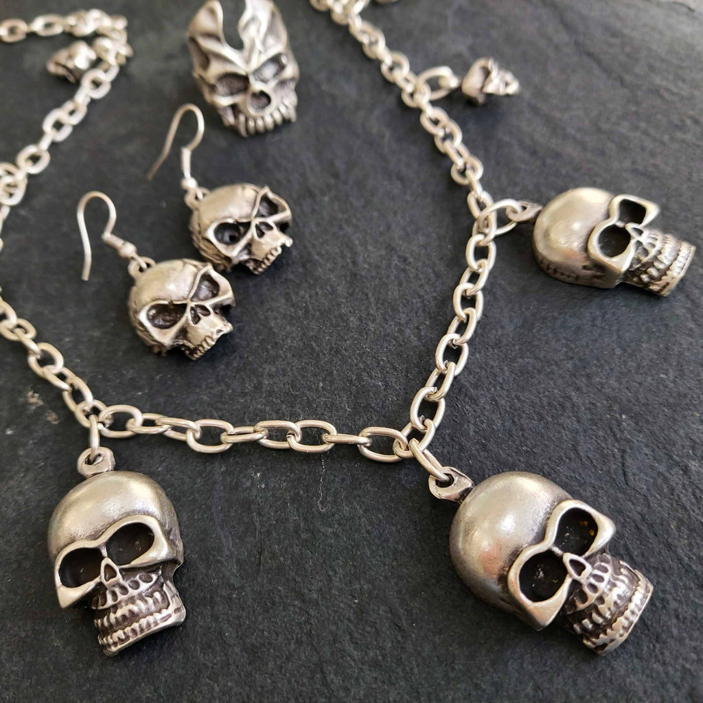 Silver skull charm necklace, gothic chunky multi skull statement jewellery