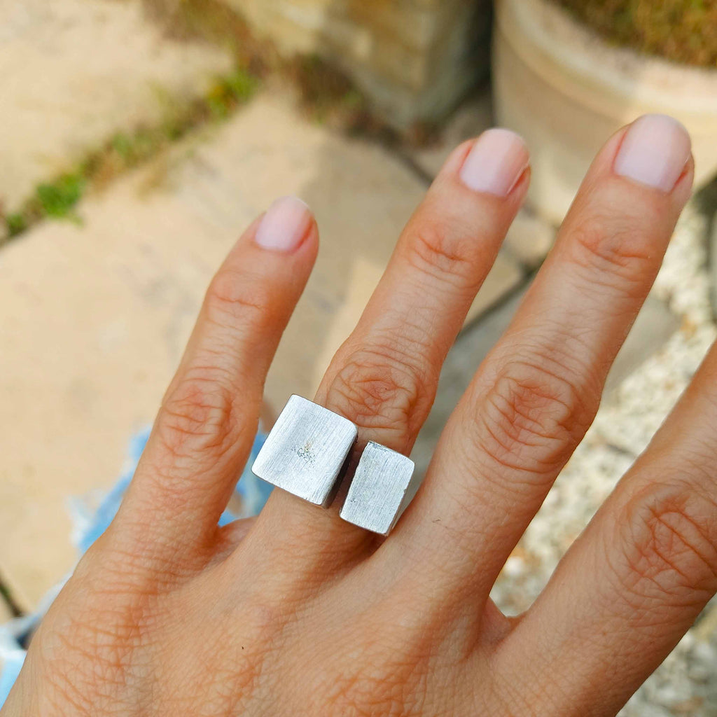 Double cube ring, asymmetric square brutalist sculptural modernist statement