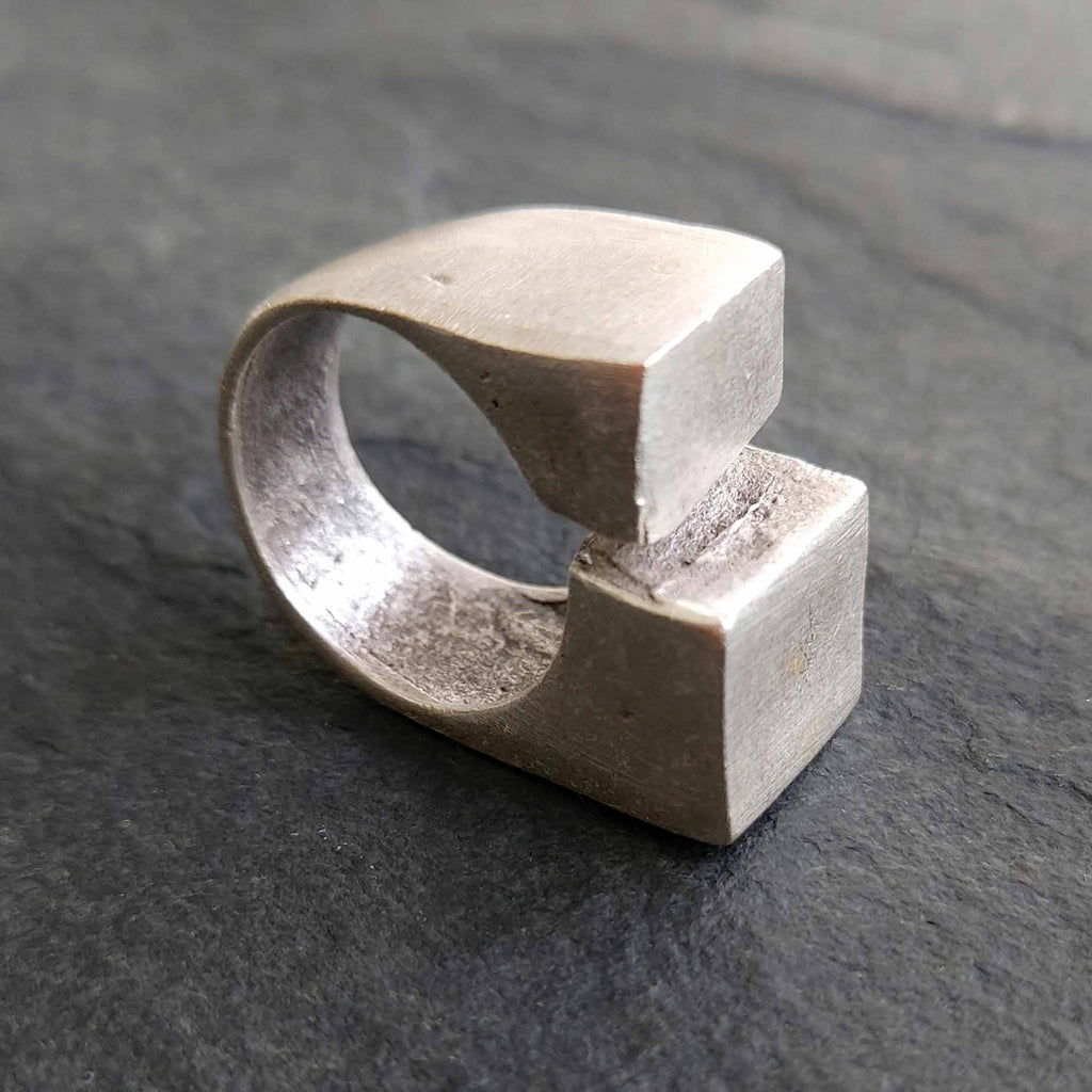 Double cube ring, asymmetric square brutalist sculptural modernist statement