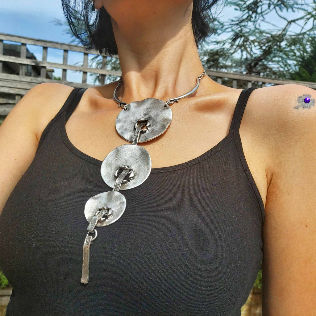 Silver brutalist geometric necklace, hammered disc pendant sculptural statement