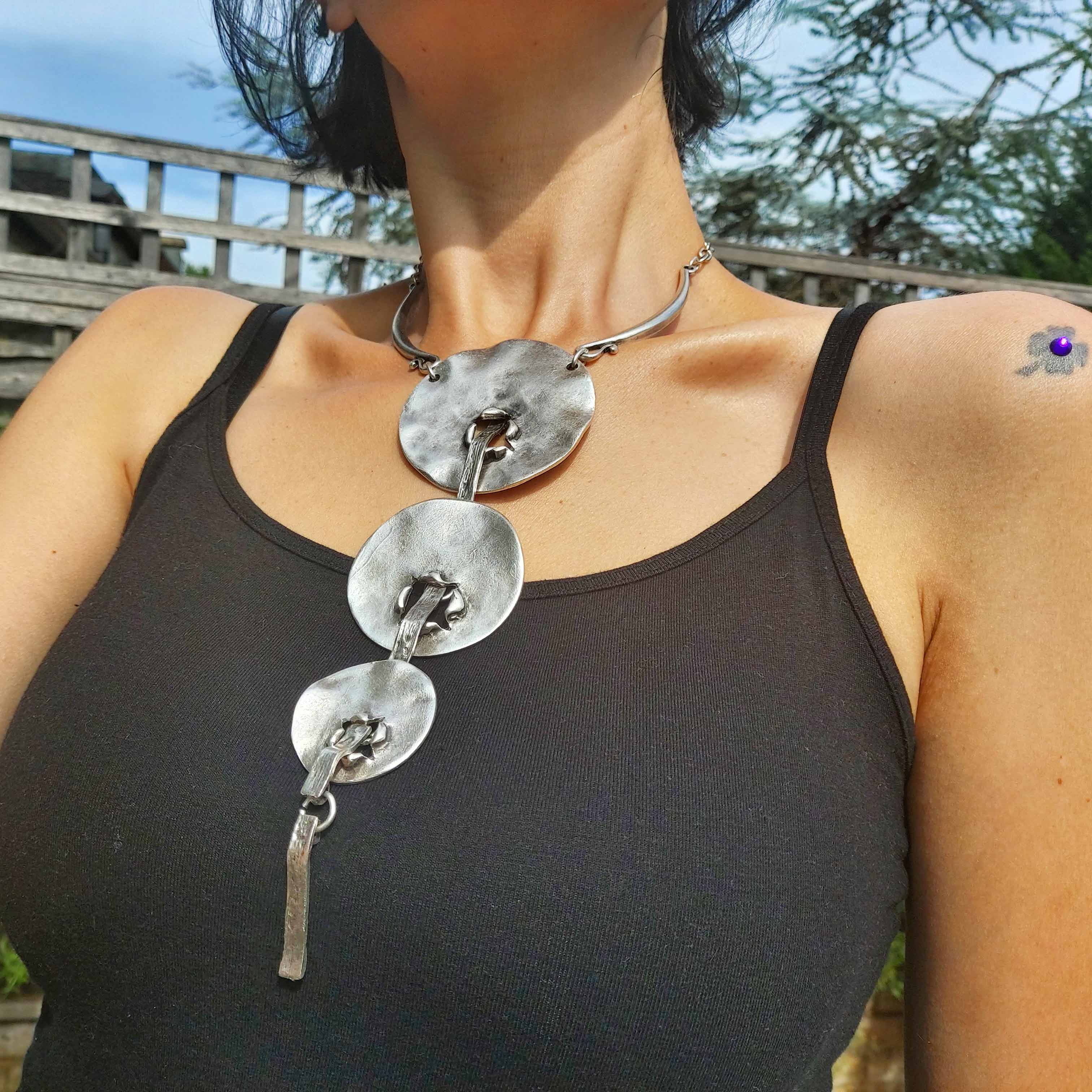Silver brutalist geometric necklace, hammered disc pendant sculptural statement