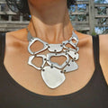 Silver brutalist mosaic bib necklace, organic geometric statement jewellery