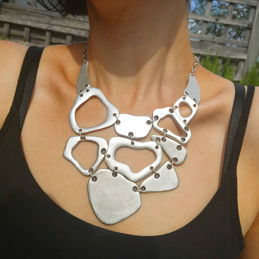 Silver brutalist mosaic bib necklace, organic geometric statement jewellery