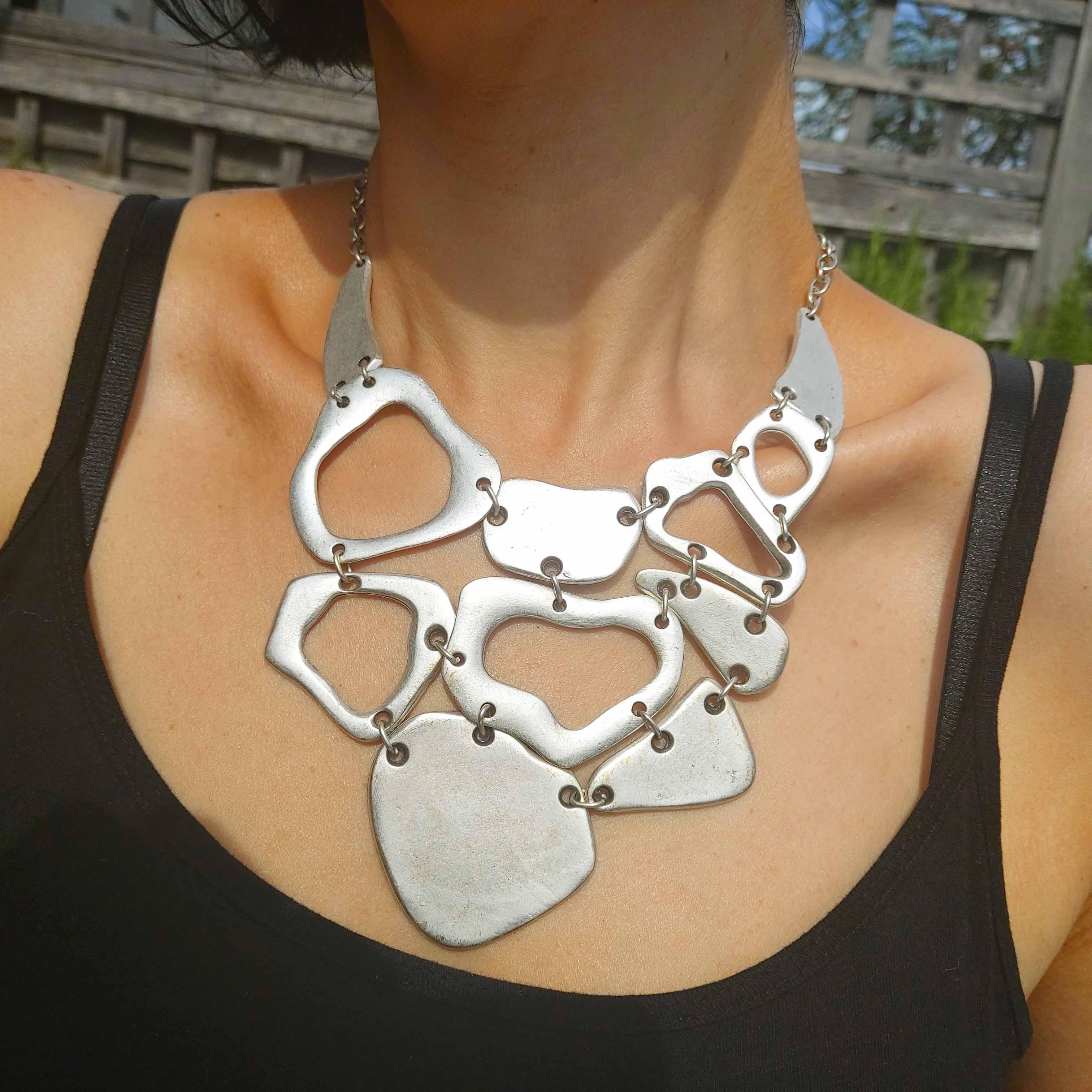 Silver brutalist mosaic bib necklace, organic geometric statement jewellery