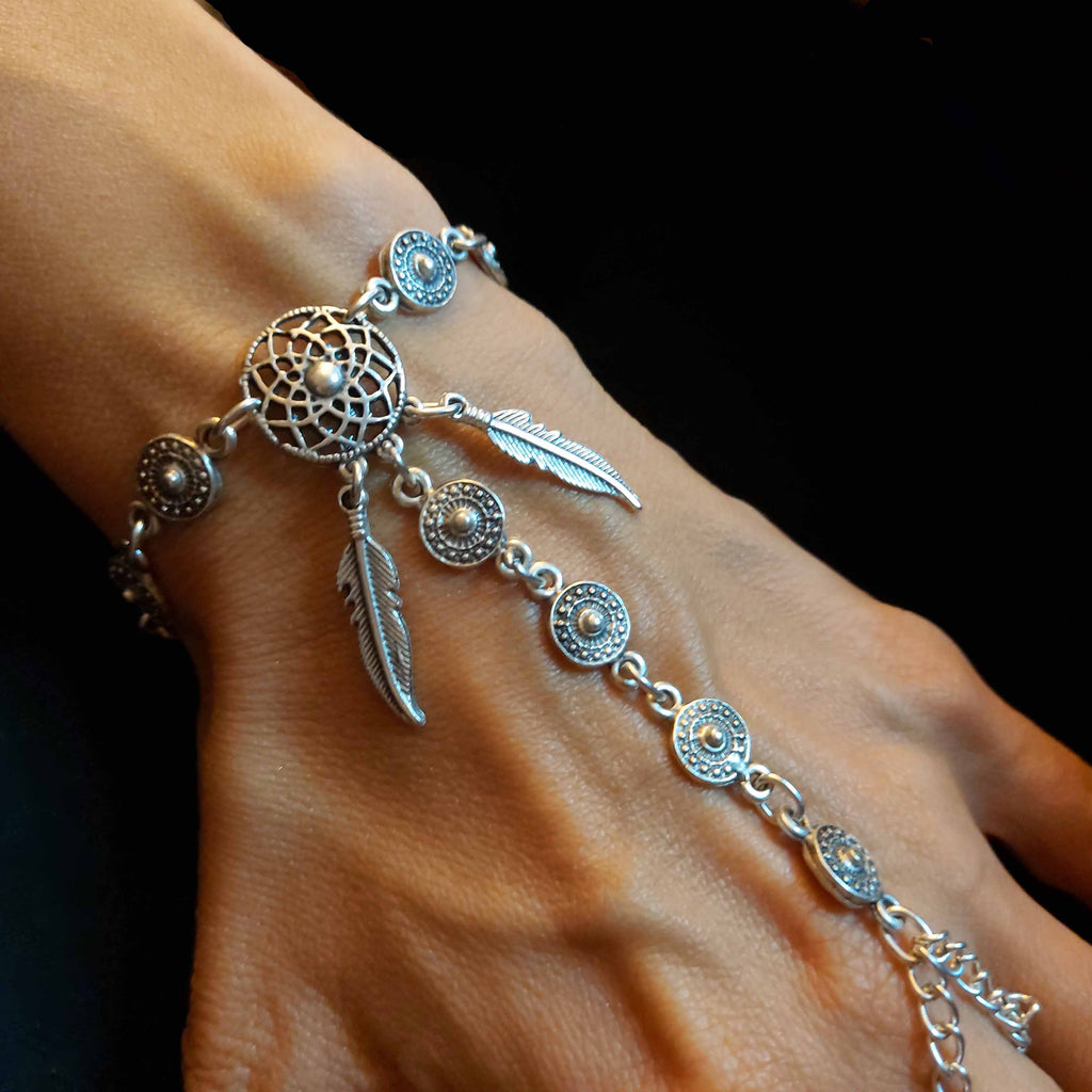 Dream catcher bracelet, silver boho feather charm