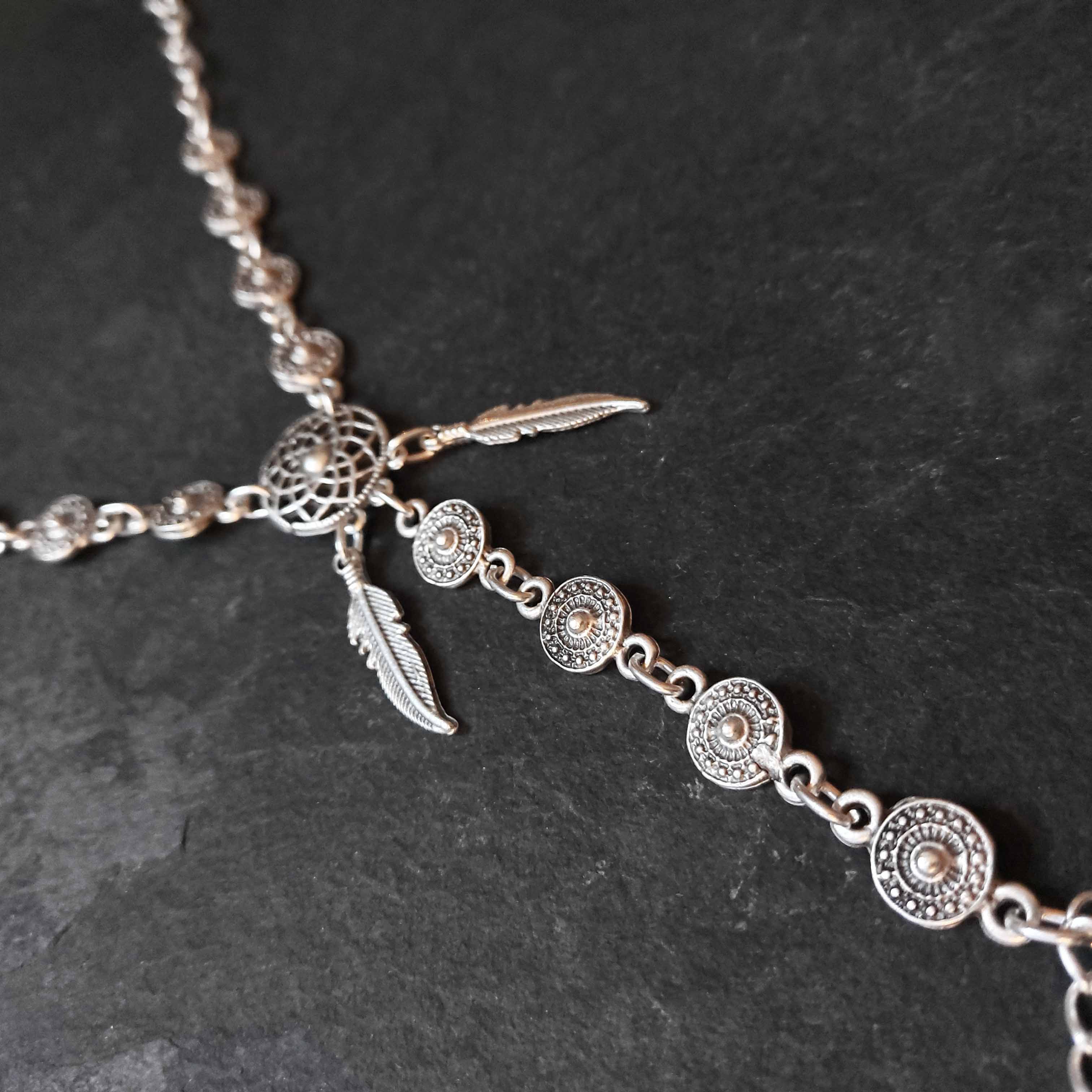 Dream catcher bracelet, silver boho feather charm