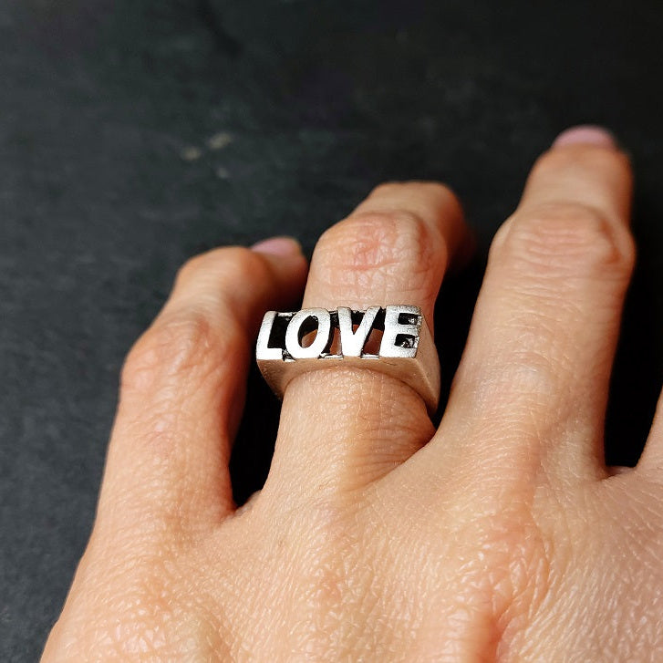 Love ring, silver word adjustable minimalist statement ring