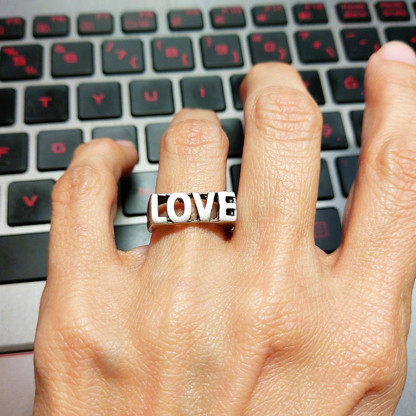 Love ring, silver word adjustable minimalist statement ring