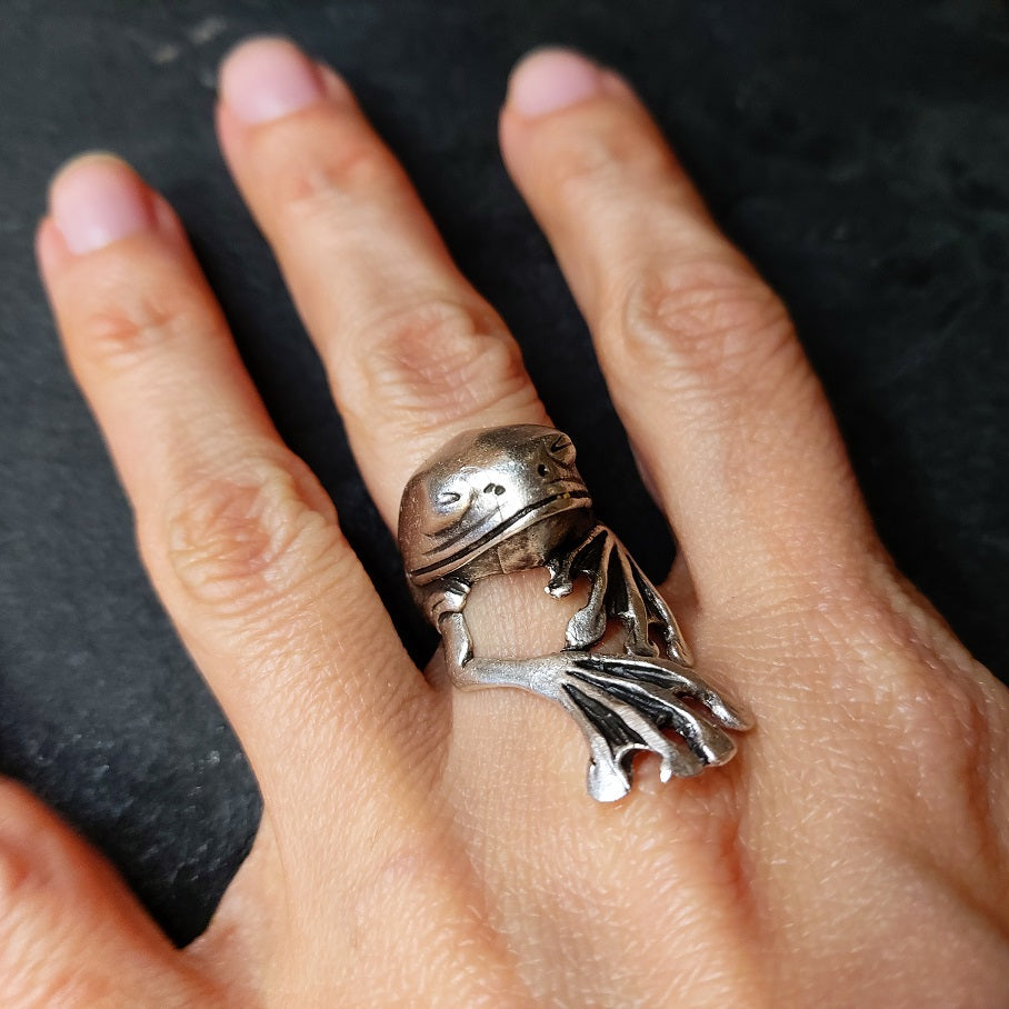 Frog axolotl ring, silver sculptural creature adjustable gothic statement ring