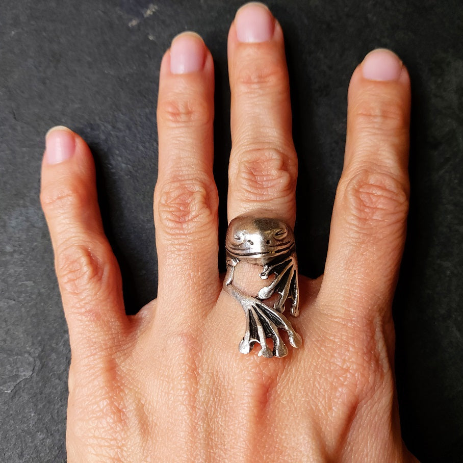 Frog axolotl ring, silver sculptural creature adjustable gothic statement ring