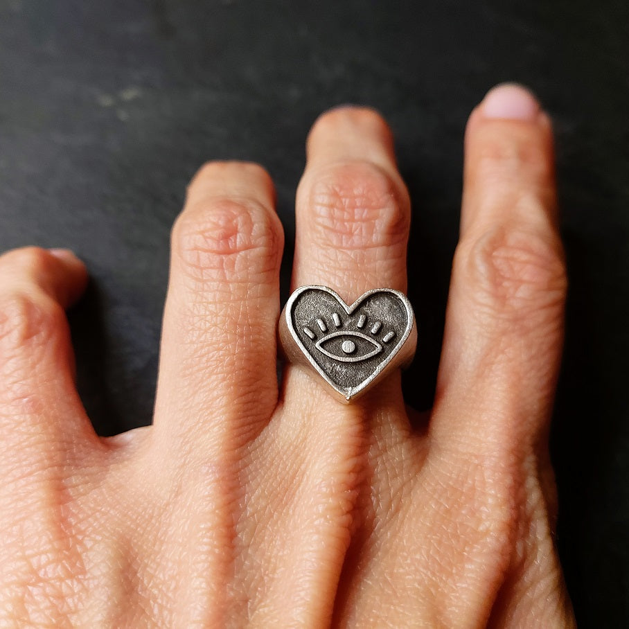Evil eye heart ring, silver antique signet adjustable boho statement ring