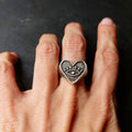 Evil eye heart ring, silver antique signet adjustable boho statement ring