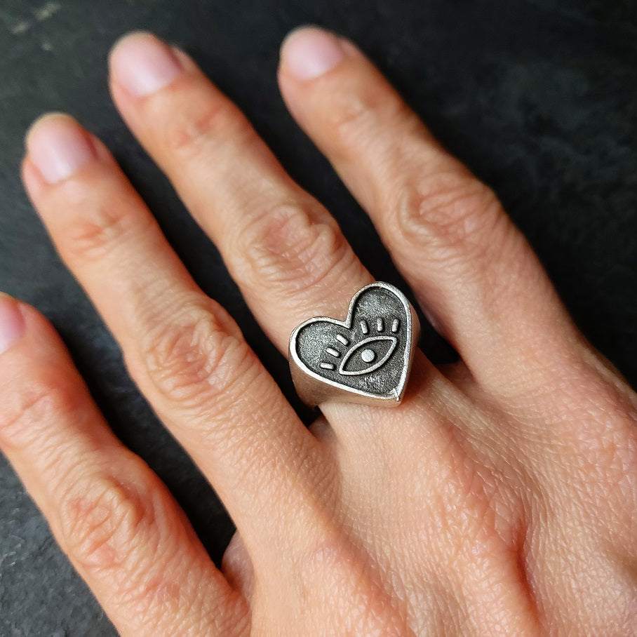 Evil eye heart ring, silver antique signet adjustable boho statement ring