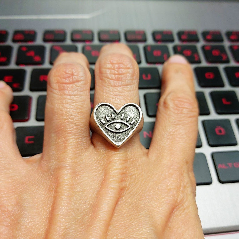 Evil eye heart ring, silver antique signet adjustable boho statement ring