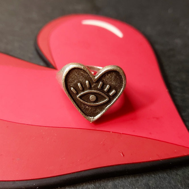 Evil eye heart ring, silver antique signet adjustable boho statement ring