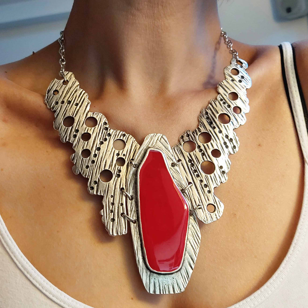 Ethnic bib necklace, brutalist tribal silver statement collar