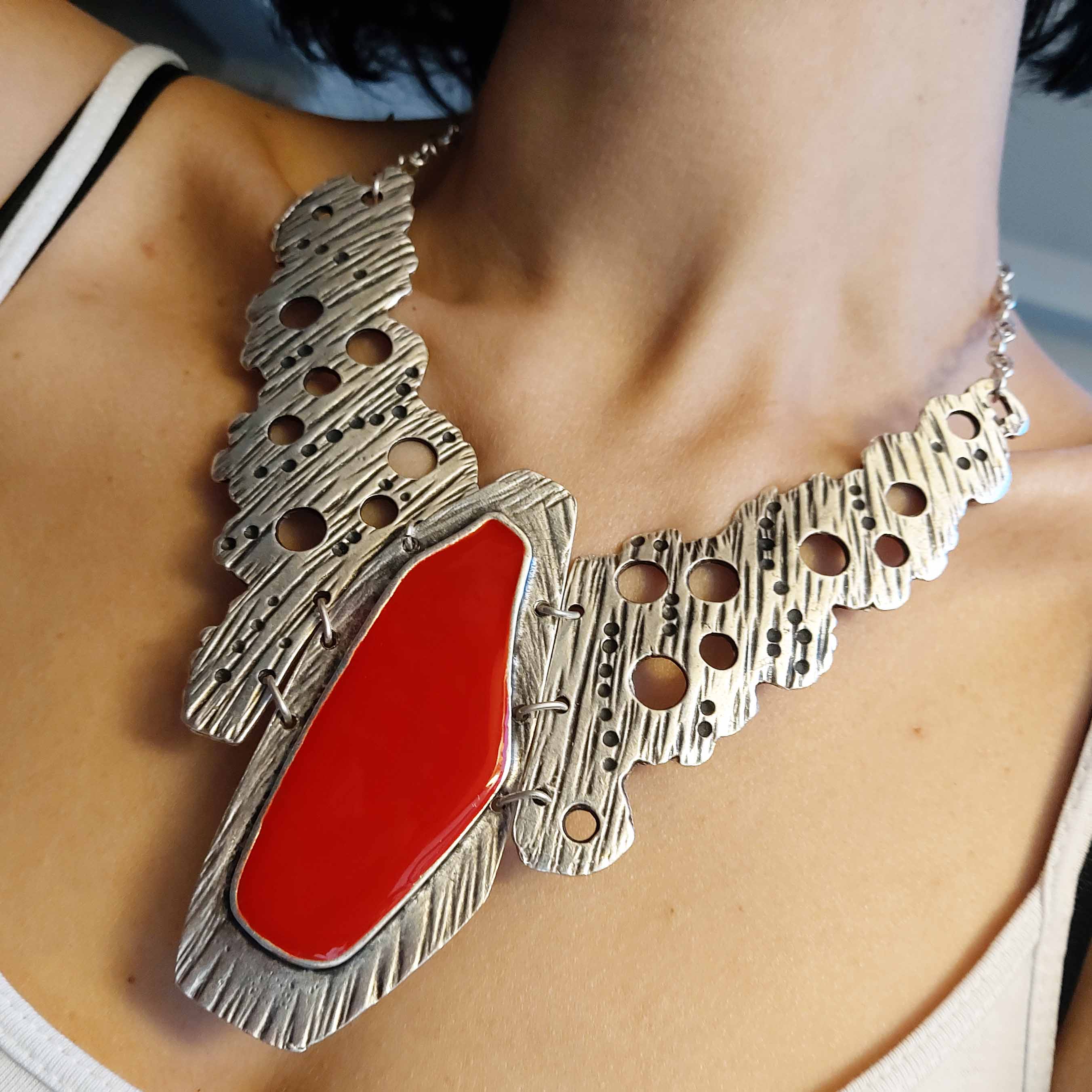 Ethnic bib necklace, brutalist tribal silver statement collar