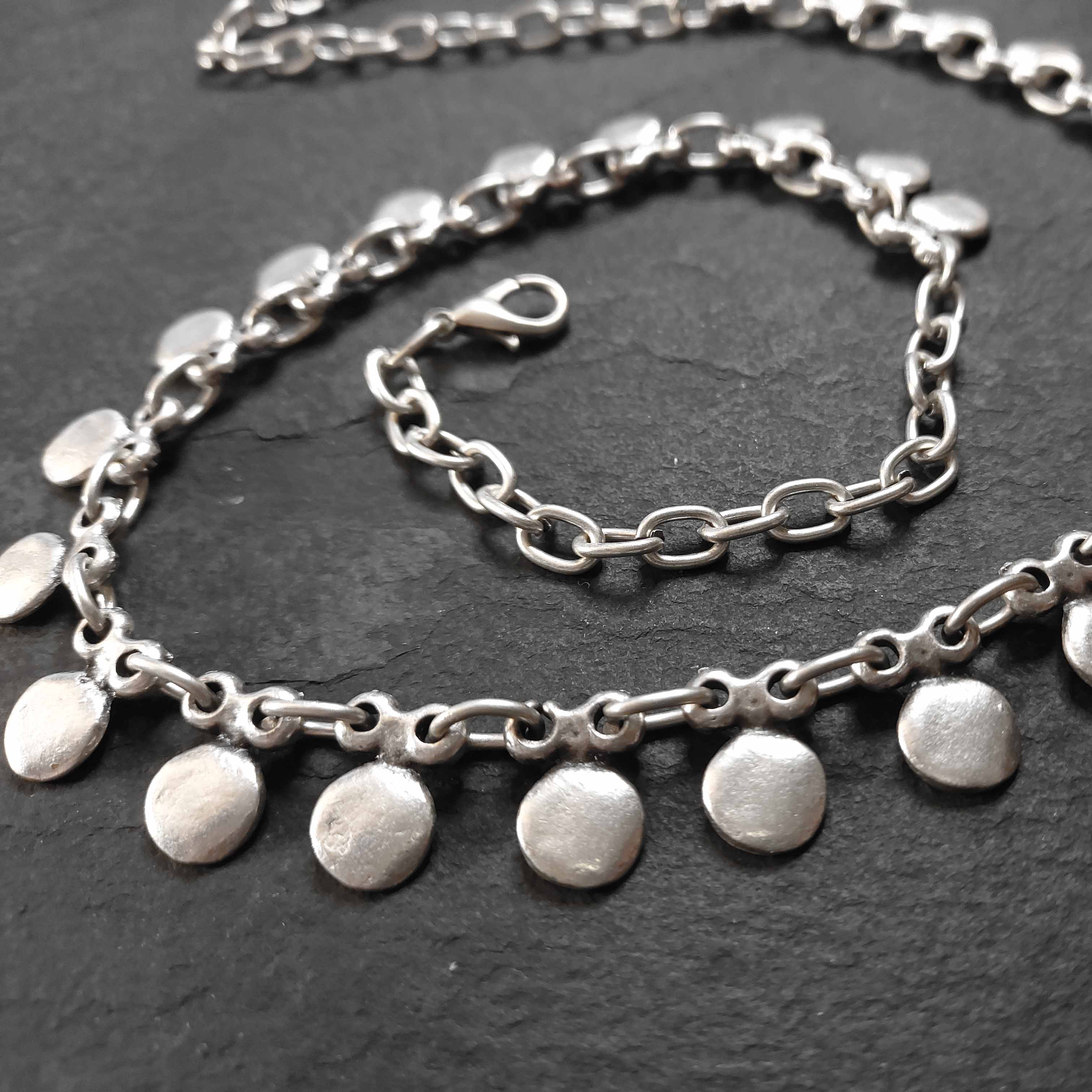 Silver coin charm necklace, dangle disc chain boho layering statement